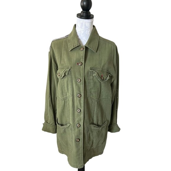 Free People Women’s Spruce American Flag Utility Jacket Sz Small Military Green - Picture 2 of 7